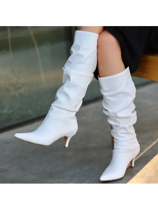 Zelya Beyaz Cilt Topuklu Çizme Zelya Beyaz Cilt Topuklu Çizme