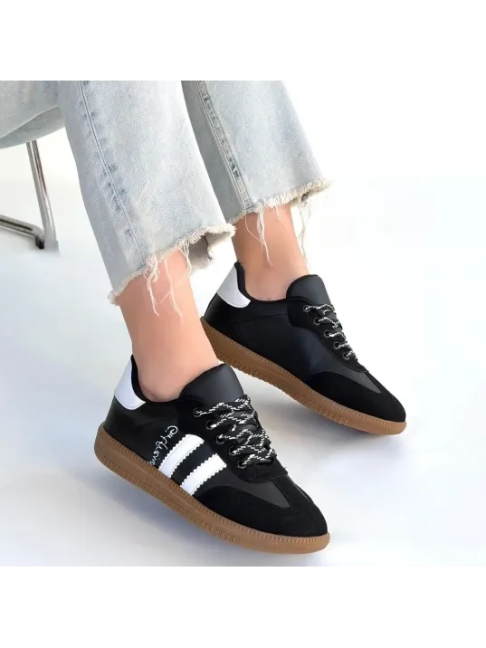 Zerti Siyah Cilt Bağcıklı Spor Ayakkabı