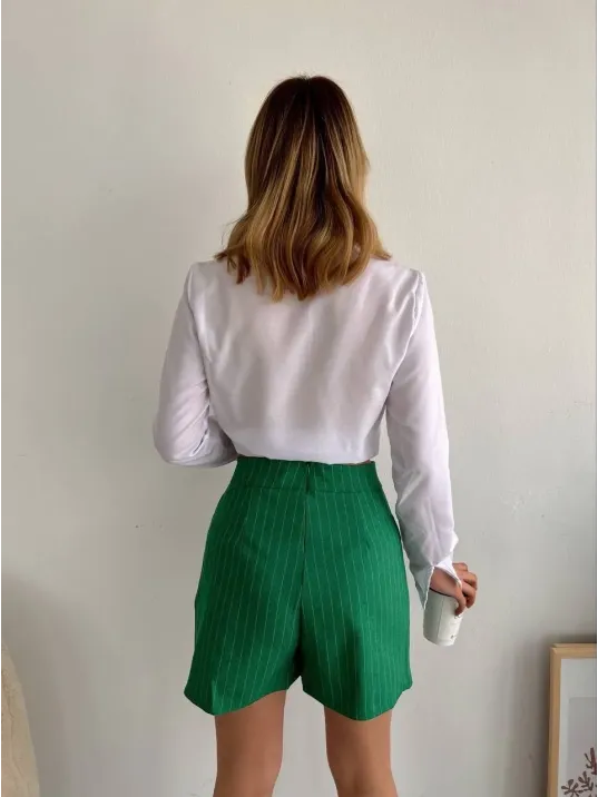 Zincir Detaylı Çizgili Şort Etek