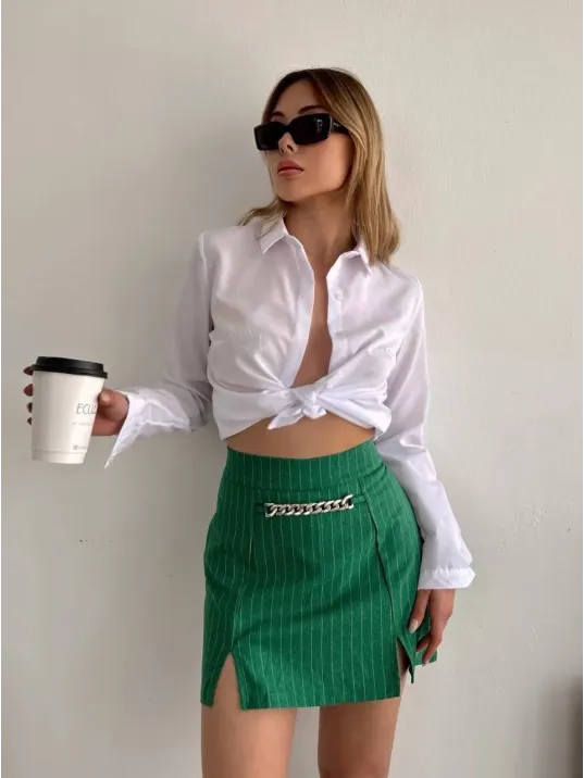 Zincir Detaylı Çizgili Şort Etek