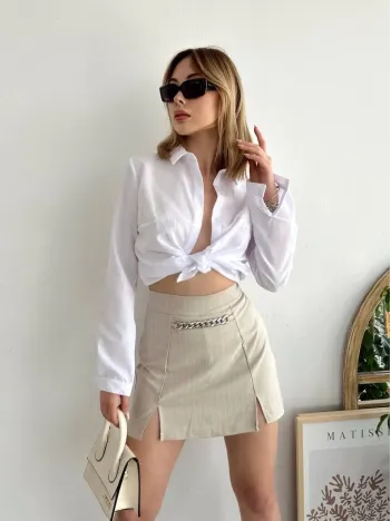 Zincir Detaylı Çizgili Şort Etek