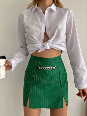 Zincir detaylı çizgili şort etek