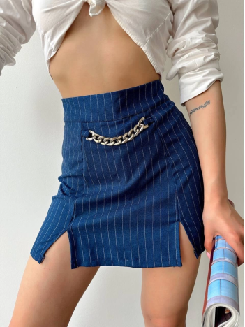 Zincir detaylı çizgili şort etek