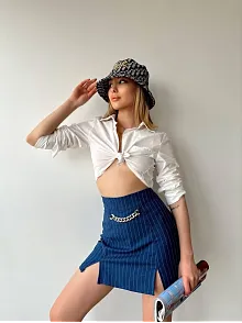 Zincir Detaylı Çizgili Şort Etek
