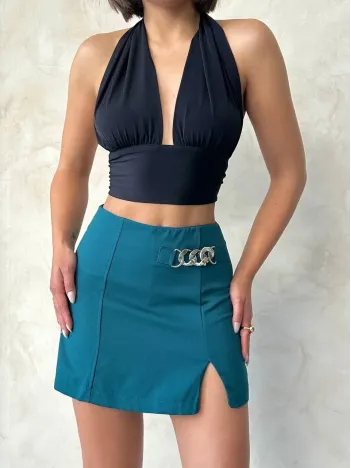 Zincirli Şort Etek Petrol Yeşili S24676