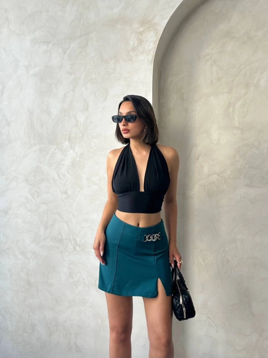 Zincirli şort etek petrol yeşili s24676 Zincirli şort etek petrol yeşili s24676