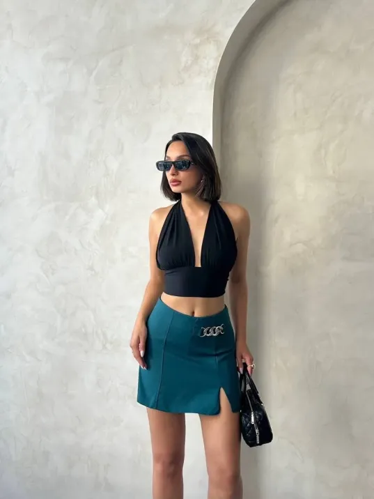 Zincirli Şort Etek Petrol Yeşili S24676