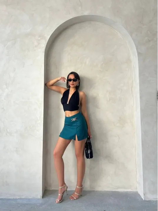 Zincirli Şort Etek Petrol Yeşili S24676