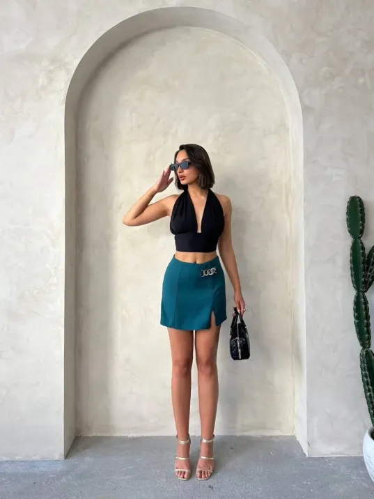 Zincirli Şort Etek Petrol Yeşili S24676