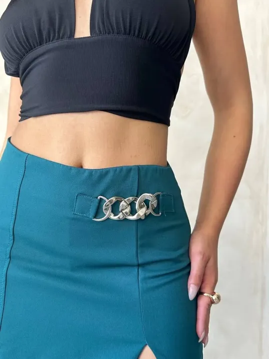 Zincirli Şort Etek Petrol Yeşili S24676