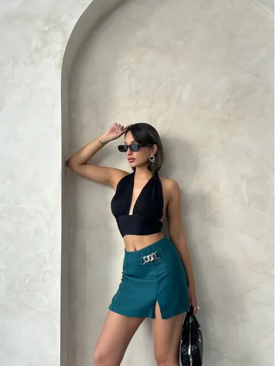 Zincirli Şort Etek Petrol Yeşili S24676