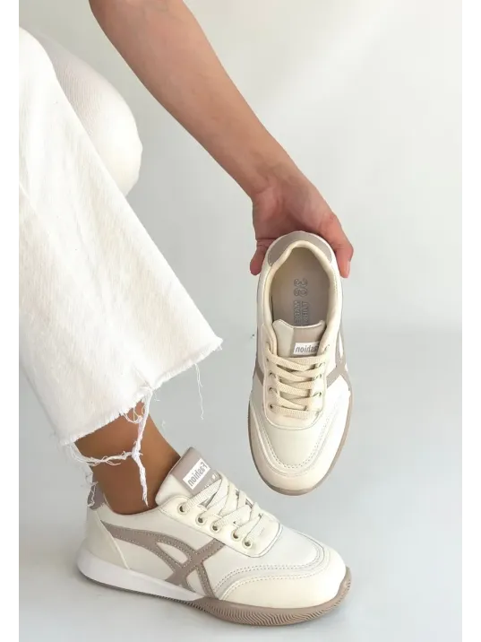 Zlay Bej Cilt Vizon Detaylı Bağcıklı Spor Ayakkabı