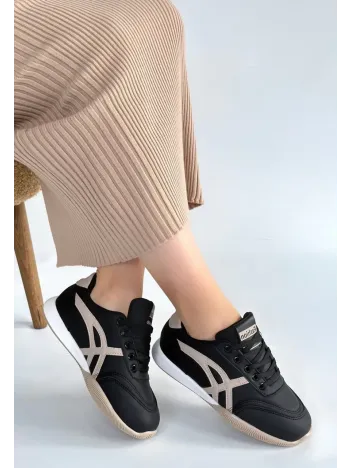 Zlay Siyah Cilt Bej Detaylı Bağcıklı Spor Ayakkabı