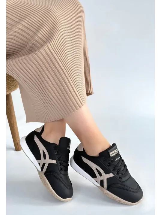 Zlay Siyah Cilt Bej Detaylı Bağcıklı Spor Ayakkabı Zlay Siyah Cilt Bej Detaylı Bağcıklı Spor Ayakkabı