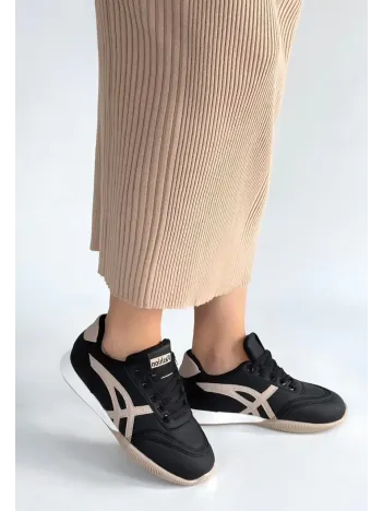 Zlay Siyah Cilt Bej Detaylı Bağcıklı Spor Ayakkabı Zlay Siyah Cilt Bej Detaylı Bağcıklı Spor Ayakkabı