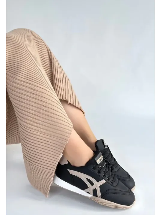 Zlay Siyah Cilt Bej Detaylı Bağcıklı Spor Ayakkabı Zlay Siyah Cilt Bej Detaylı Bağcıklı Spor Ayakkabı