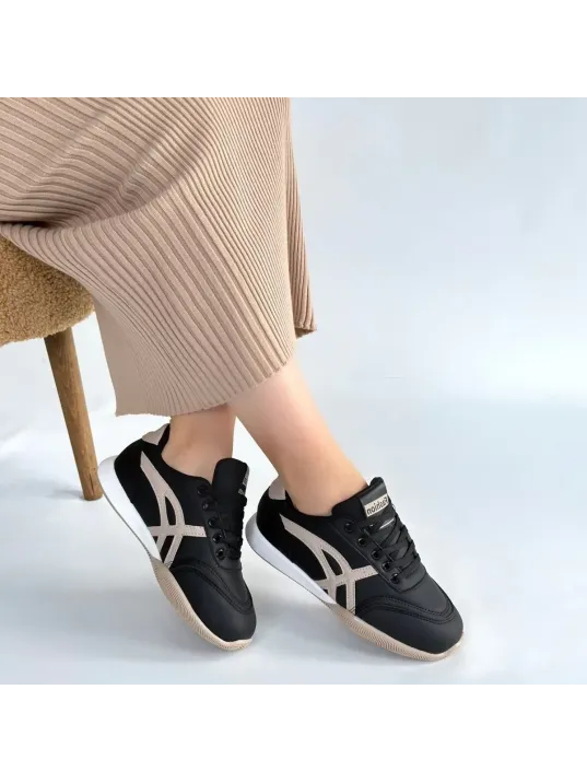 Zlay Siyah Cilt Bej Detaylı Bağcıklı Spor Ayakkabı Zlay Siyah Cilt Bej Detaylı Bağcıklı Spor Ayakkabı