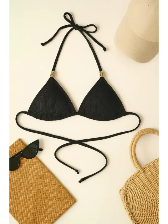 Kadın Siyah Pedli Üçgen Bikini Üstü Halter Bağlamalı Aksesuarlı Kadın Siyah Pedli Üçgen Bikini Üstü Halter Bağlamalı Aksesuarlı