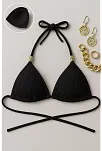 Kadın Siyah Pedli Üçgen Bikini Üstü Halter Bağlamalı Aksesuarlı