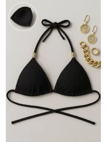 Kadın Siyah Pedli Üçgen Bikini Üstü Halter Bağlamalı Aksesuarlı Kadın Siyah Pedli Üçgen Bikini Üstü Halter Bağlamalı Aksesuarlı