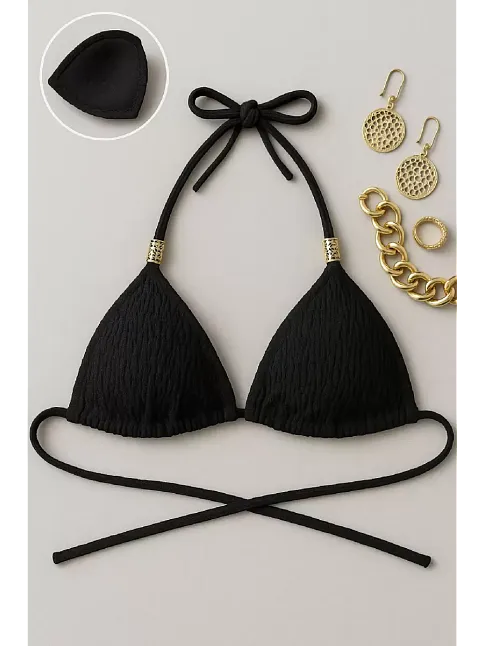 Kadın Siyah Pedli Üçgen Bikini Üstü Halter Bağlamalı Aksesuarlı