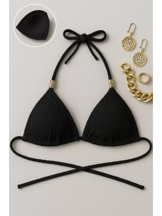 Kadın Siyah Pedli Üçgen Bikini Üstü Halter Bağlamalı Aksesuarlı Kadın Siyah Pedli Üçgen Bikini Üstü Halter Bağlamalı Aksesuarlı