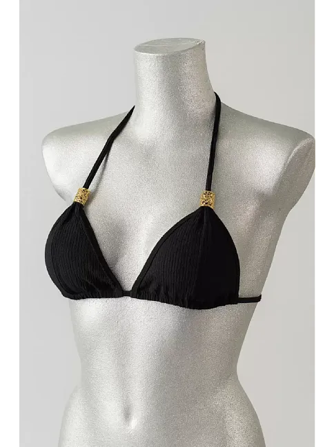 Kadın Siyah Pedli Üçgen Bikini Üstü Halter Bağlamalı Aksesuarlı