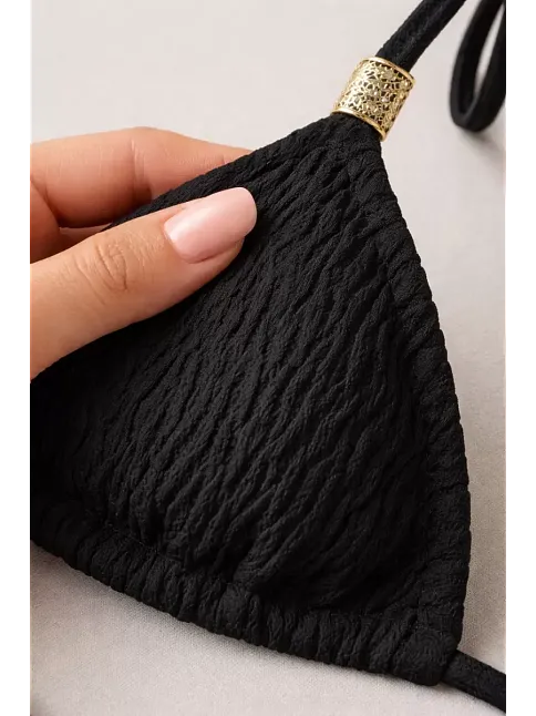 Kadın Siyah Pedli Üçgen Bikini Üstü Halter Bağlamalı Aksesuarlı