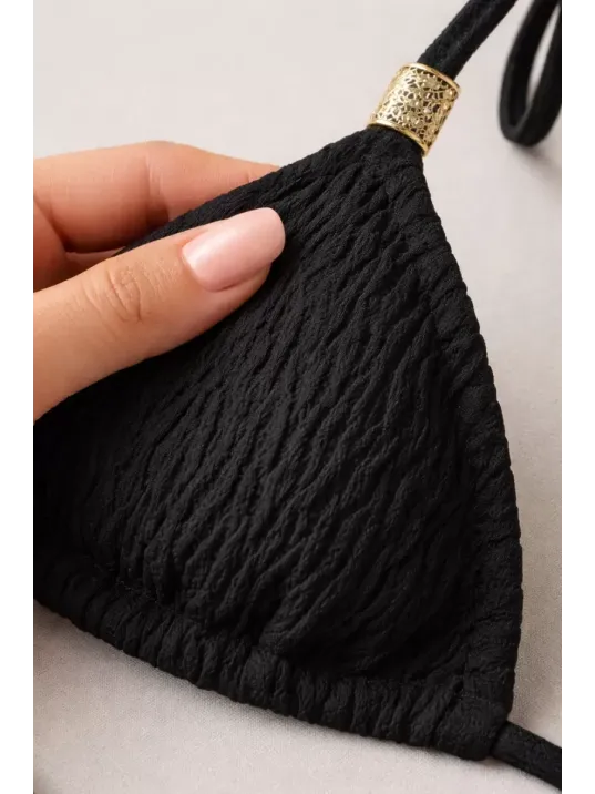 Kadın Siyah Pedli Üçgen Bikini Üstü Halter Bağlamalı Aksesuarlı Kadın Siyah Pedli Üçgen Bikini Üstü Halter Bağlamalı Aksesuarlı