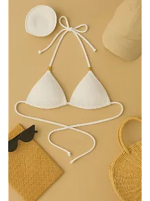 Kadın Beyaz Pedli Üçgen Bikini Üstü Halter Bağlamalı Aksesuarlı