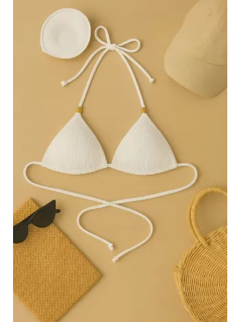 Kadın Beyaz Pedli Üçgen Bikini Üstü Halter Bağlamalı Aksesuarlı