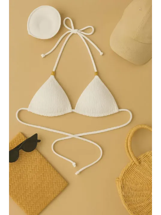 Kadın Beyaz Pedli Üçgen Bikini Üstü Halter Bağlamalı Aksesuarlı Kadın Beyaz Pedli Üçgen Bikini Üstü Halter Bağlamalı Aksesuarlı