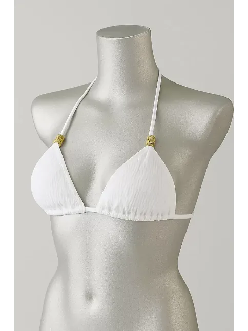 Kadın Beyaz Pedli Üçgen Bikini Üstü Halter Bağlamalı Aksesuarlı