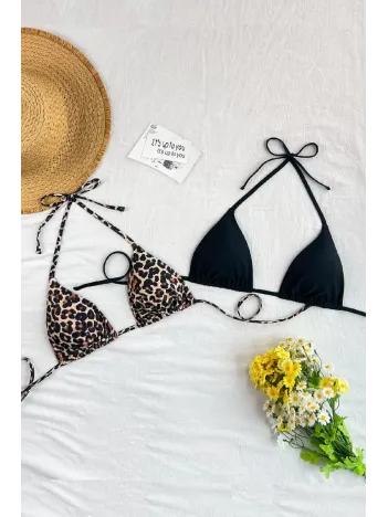 Kadın Leopar Desenli Ve Siyah Minimal Kesim Üçgen Bikini Üstü
