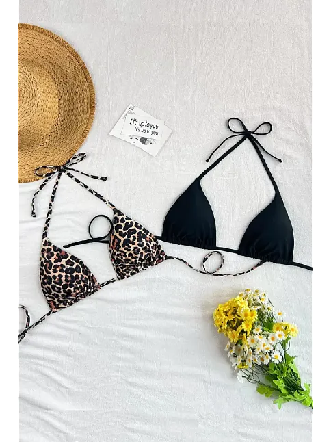 Kadın Leopar Desenli Ve Siyah Minimal Kesim Üçgen Bikini Üstü