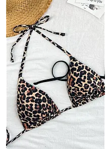Kadın Leopar Desenli Ve Siyah Minimal Kesim Üçgen Bikini Üstü
