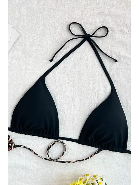 Kadın Leopar Desenli Ve Siyah Minimal Kesim Üçgen Bikini Üstü