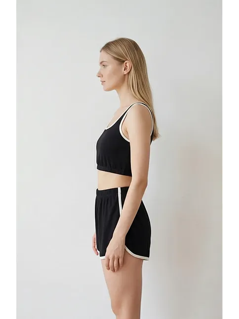 Kadın Siyah Askılı Crop Top Ve Şortlu Gecelik Takım