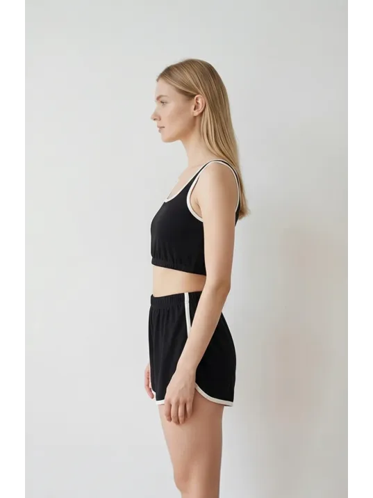 Kadın Siyah Askılı Crop Top Ve Şortlu Gecelik Takım