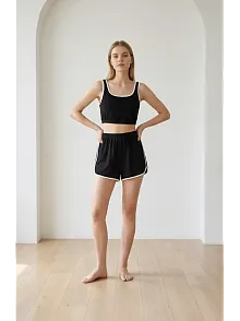 Kadın Siyah Askılı Crop Top Ve Şortlu Gecelik Takım