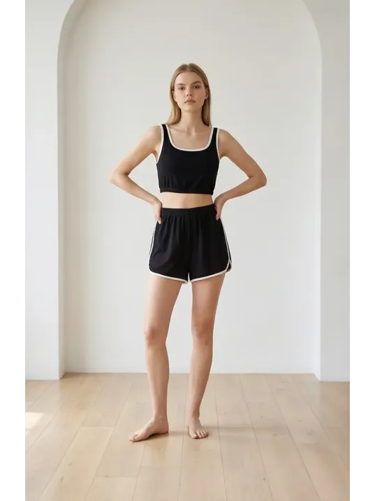 Kadın Siyah Askılı Crop Top Ve Şortlu Gecelik Takım