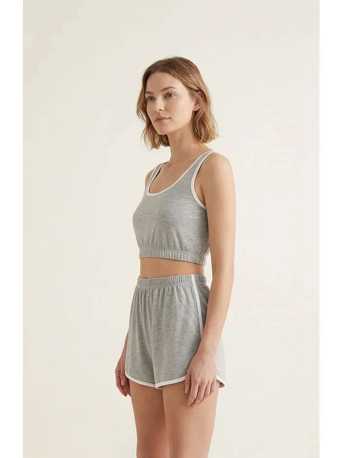 Kadın Gri Askılı Crop Top Ve Şortlu Gecelik Takım