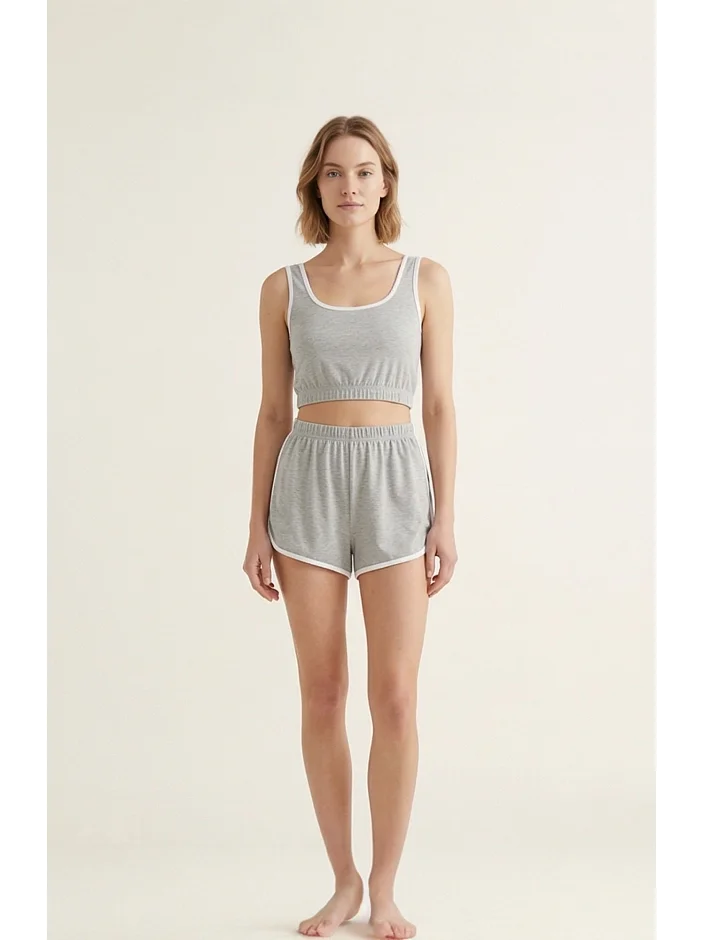Kadın Gri Askılı Crop Top Ve Şortlu Gecelik Takım
