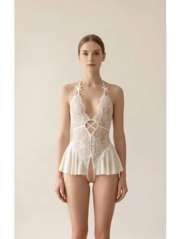 Kadın Beyaz Dantel Ve Tül Detaylı Derin V Yaka Teddy Gecelik