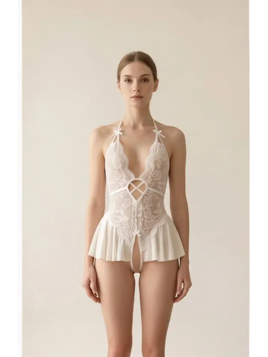 Kadın Beyaz Dantel Ve Tül Detaylı Derin V Yaka Teddy Gecelik