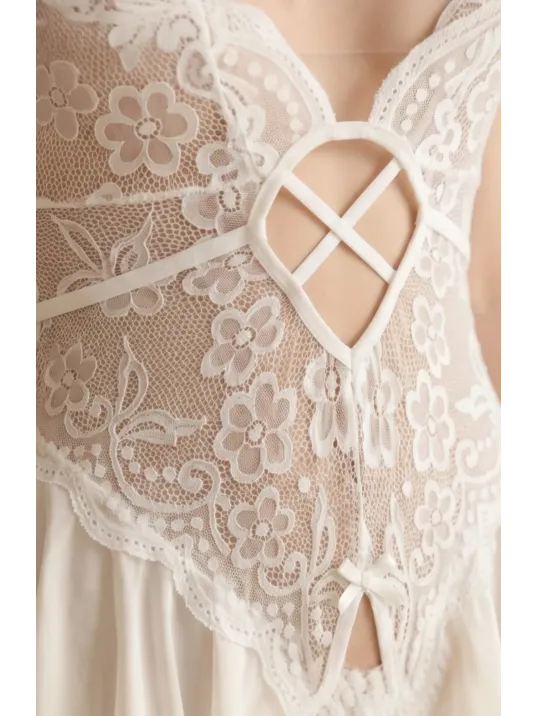 Kadın Beyaz Dantel Ve Tül Detaylı Derin V Yaka Teddy Gecelik