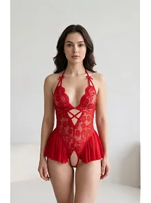 Kadın Kırmızı Dantel Ve Tül Detaylı Derin V Yaka Teddy Gecelik