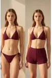 Kadın 3'lü Set Bordo Şortlu Ve Yandan Bağlamalı Bikini Mayo Takımı