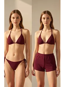 Kadın 3'lü Set Bordo Şortlu Ve Yandan Bağlamalı Bikini Mayo Takımı