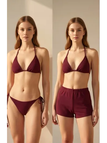 Kadın 3'lü Set Bordo Şortlu Ve Yandan Bağlamalı Bikini Mayo Takımı
